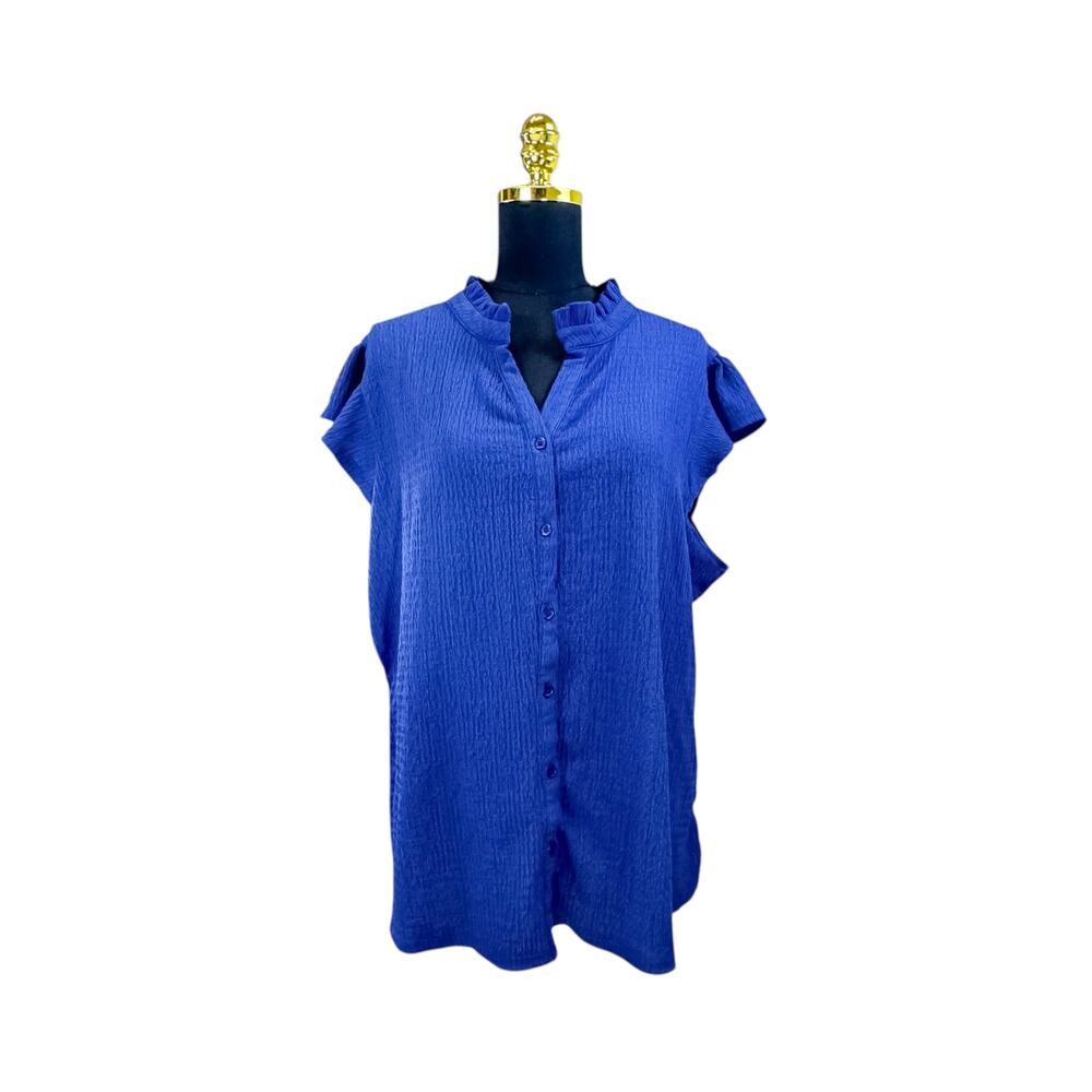 Sweet Rain Navy Blue Textured Flutter Sleeve V-Neck Blouse - 3XL